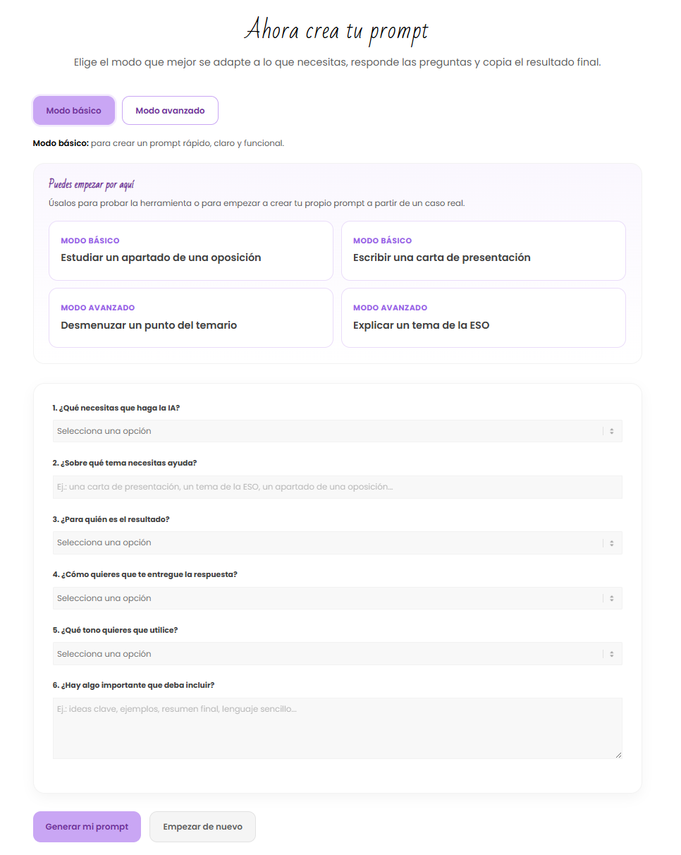 Captura del creador de prompts para IA con formulario guiado para crear peticiones más claras y útiles.